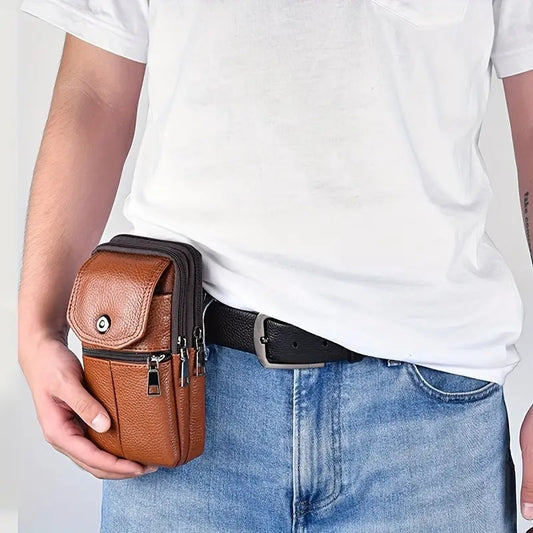 Leather Mobile Phone Shoulder Covers, Men's Belt Bags, Vertical Holster Belt Clip Pockets, Carrying Cases With Card Slots - My Store