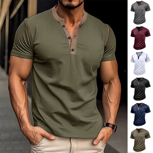 Fashion Short-sleeved Polo Shirt Summer Button V-neck T-shirt Tops Mens Clothing - My Store
