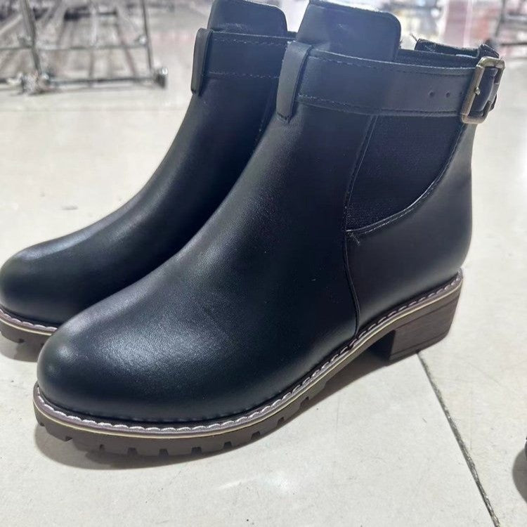 Belt Buckle Decoration Round Head Ankle Boots - My Store