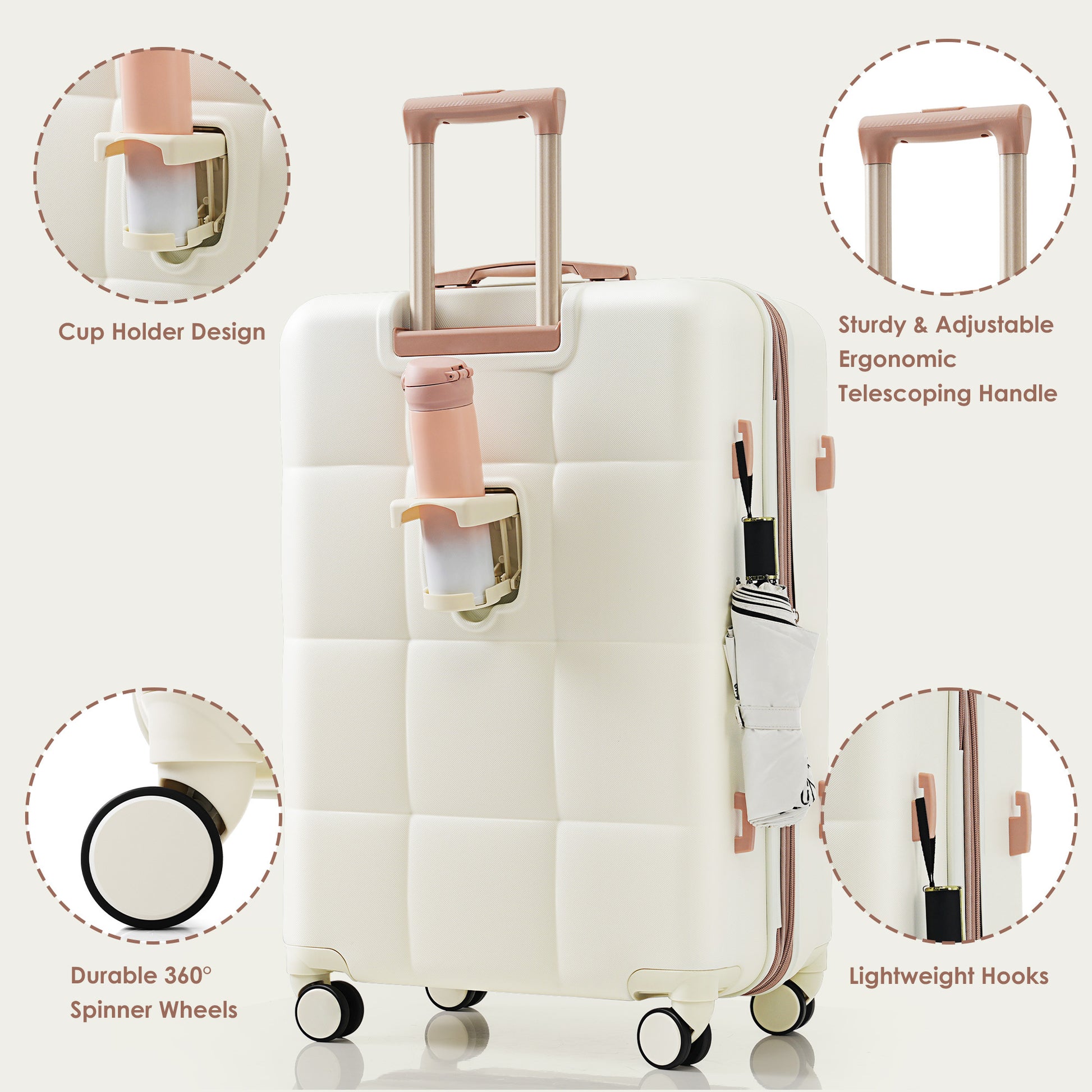 4-piece Suitcase Set With USB Port, Expandable ABS Durable Suitcase With Travel Bag, Cup Holder, With Spinner Wheels, Beige - My Store