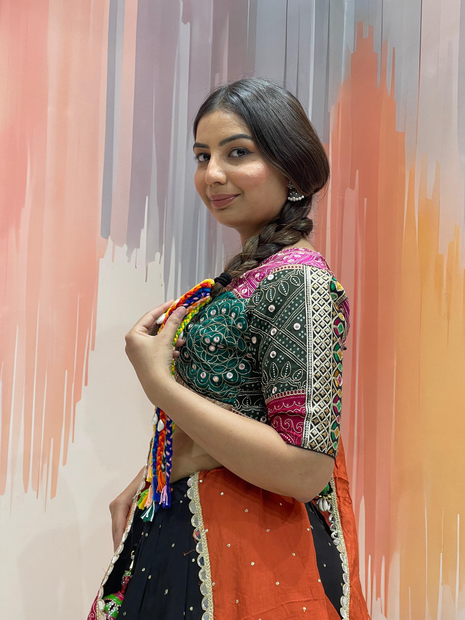 ROHINI - Silk mirror work & multi panel print Chaniya Choli - My Store