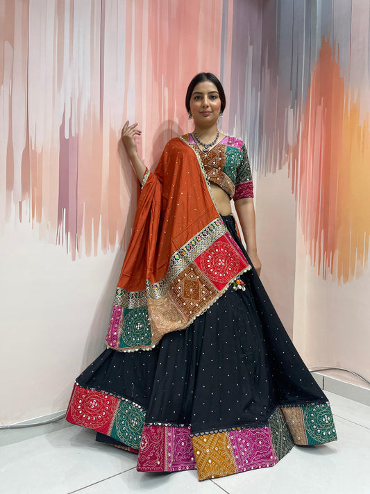 ROHINI - Silk mirror work & multi panel print Chaniya Choli - My Store