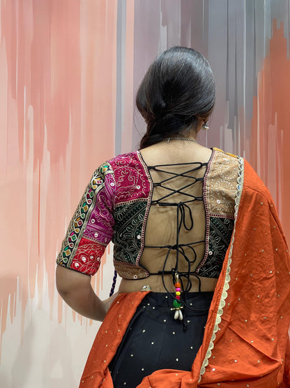 ROHINI - Silk mirror work & multi panel print Chaniya Choli - My Store