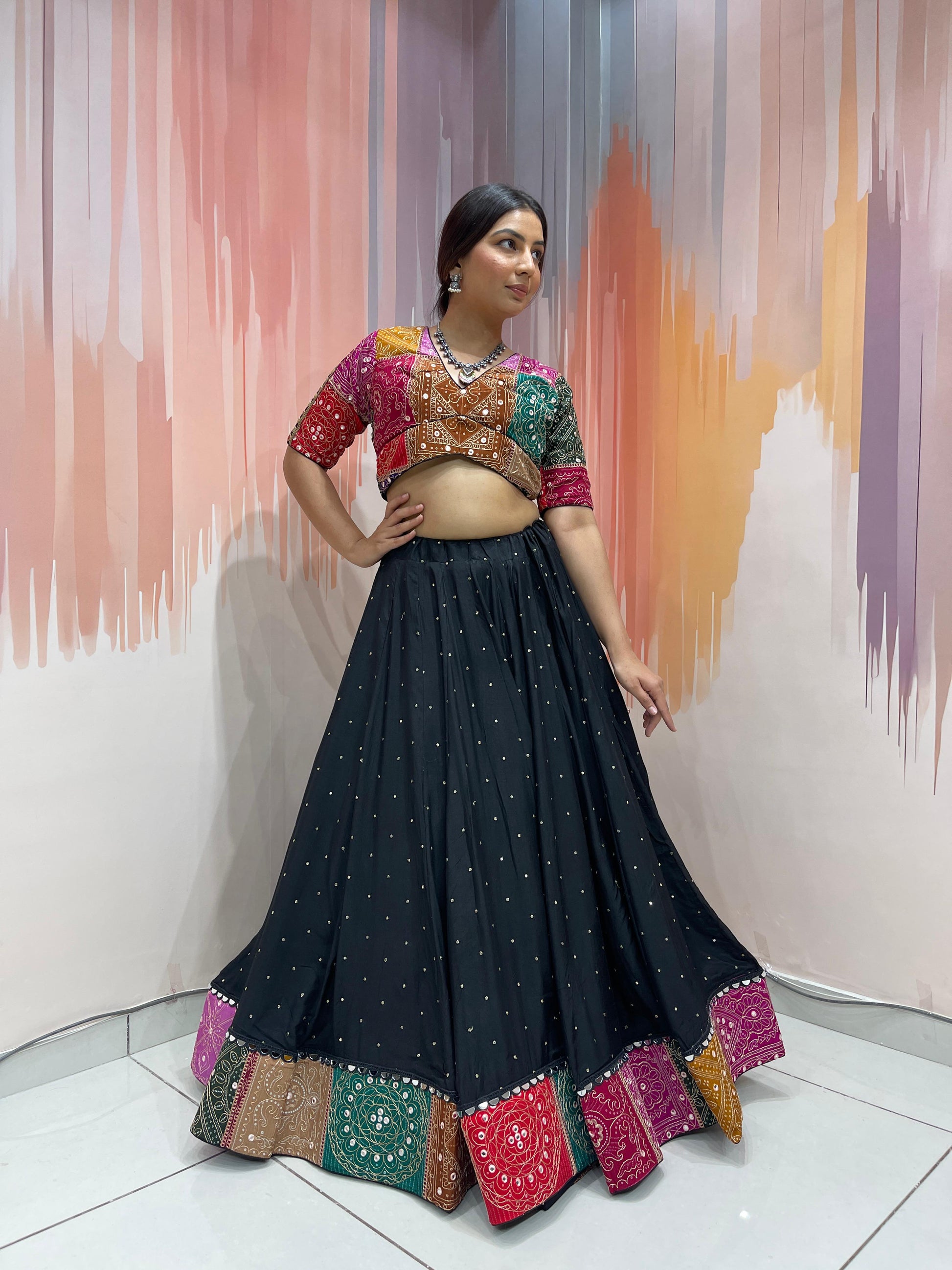 ROHINI - Silk mirror work & multi panel print Chaniya Choli - My Store
