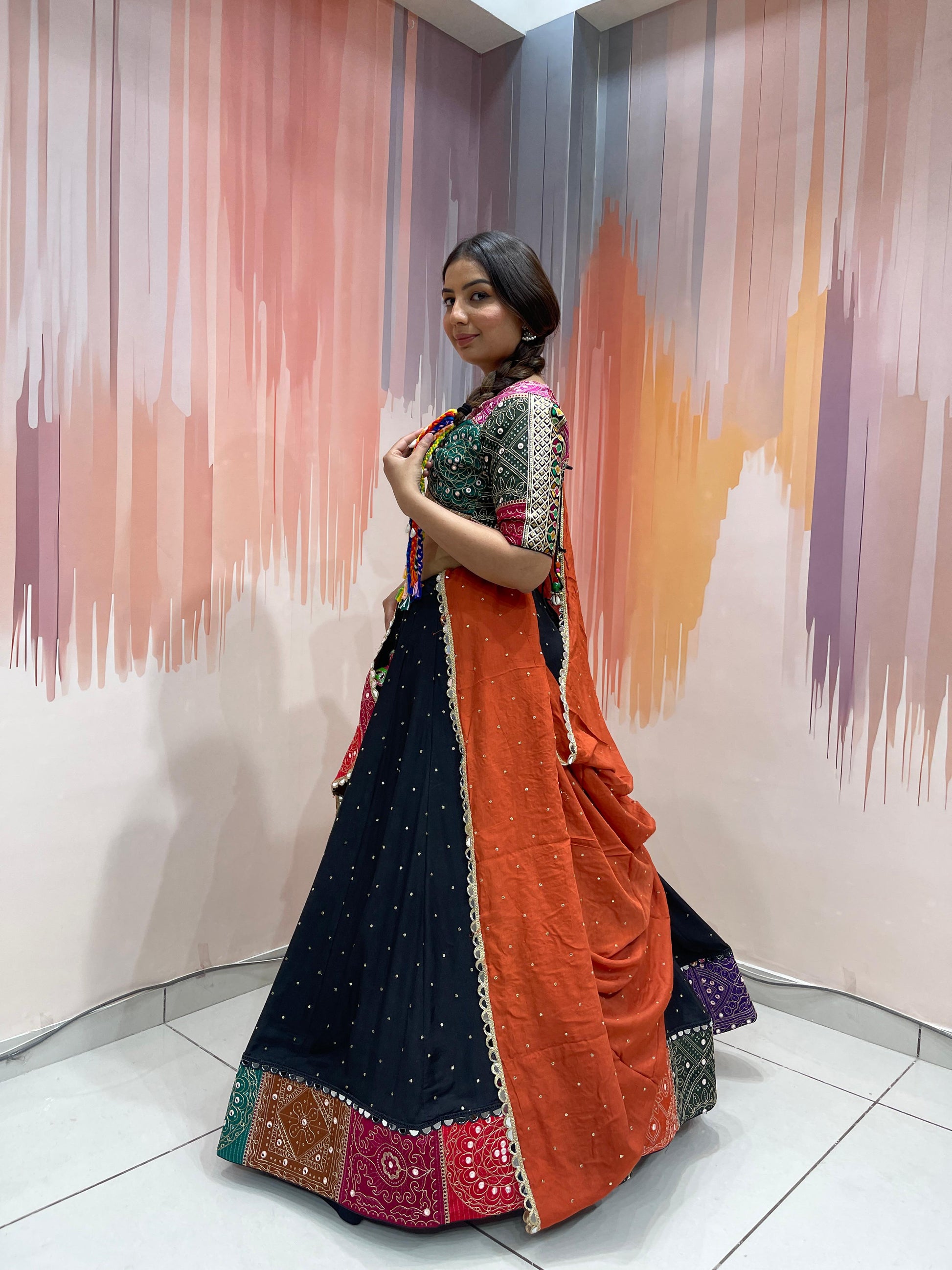 ROHINI - Silk mirror work & multi panel print Chaniya Choli - My Store
