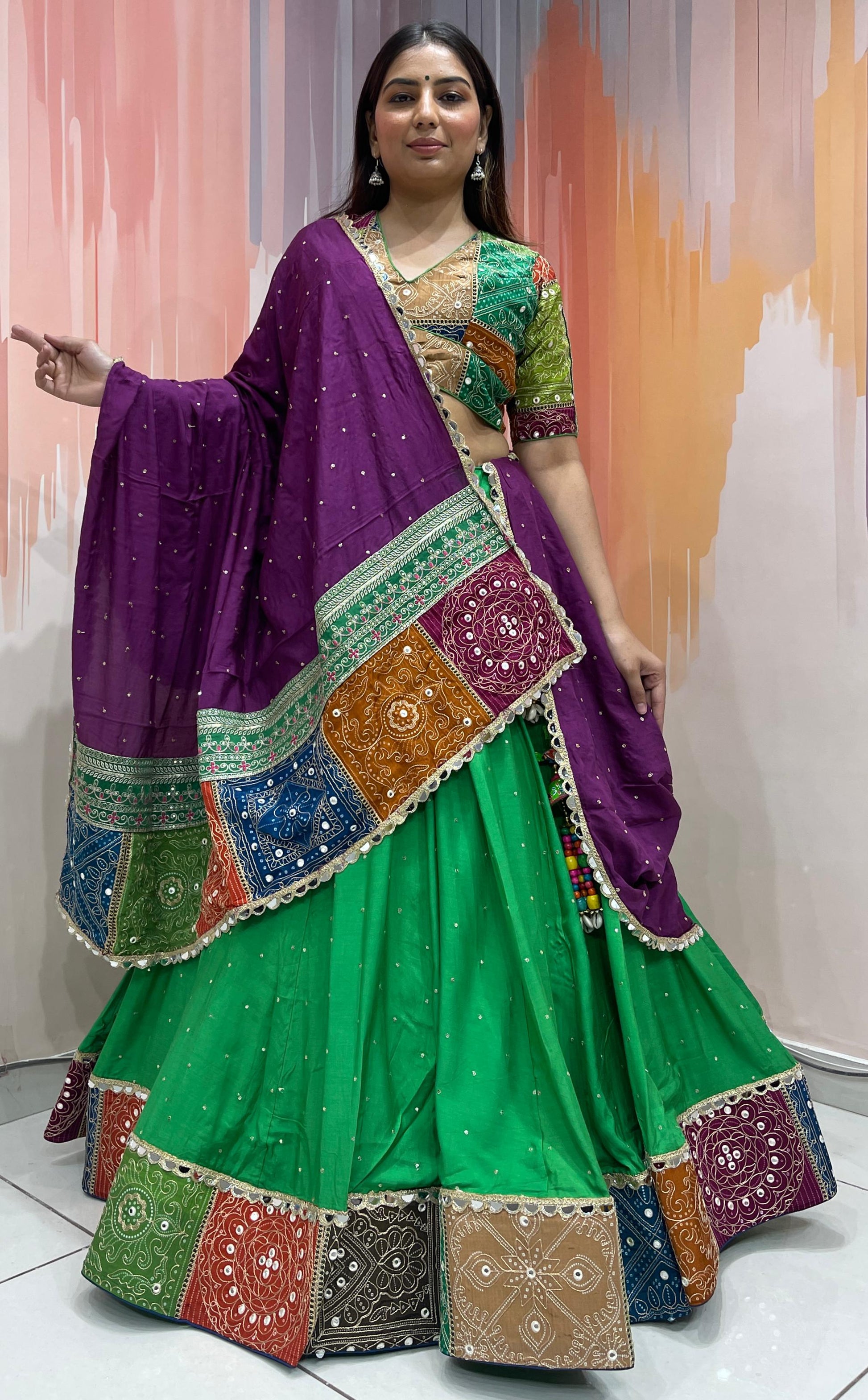 ROHINI - Silk mirror work & multi panel print Chaniya Choli - My Store
