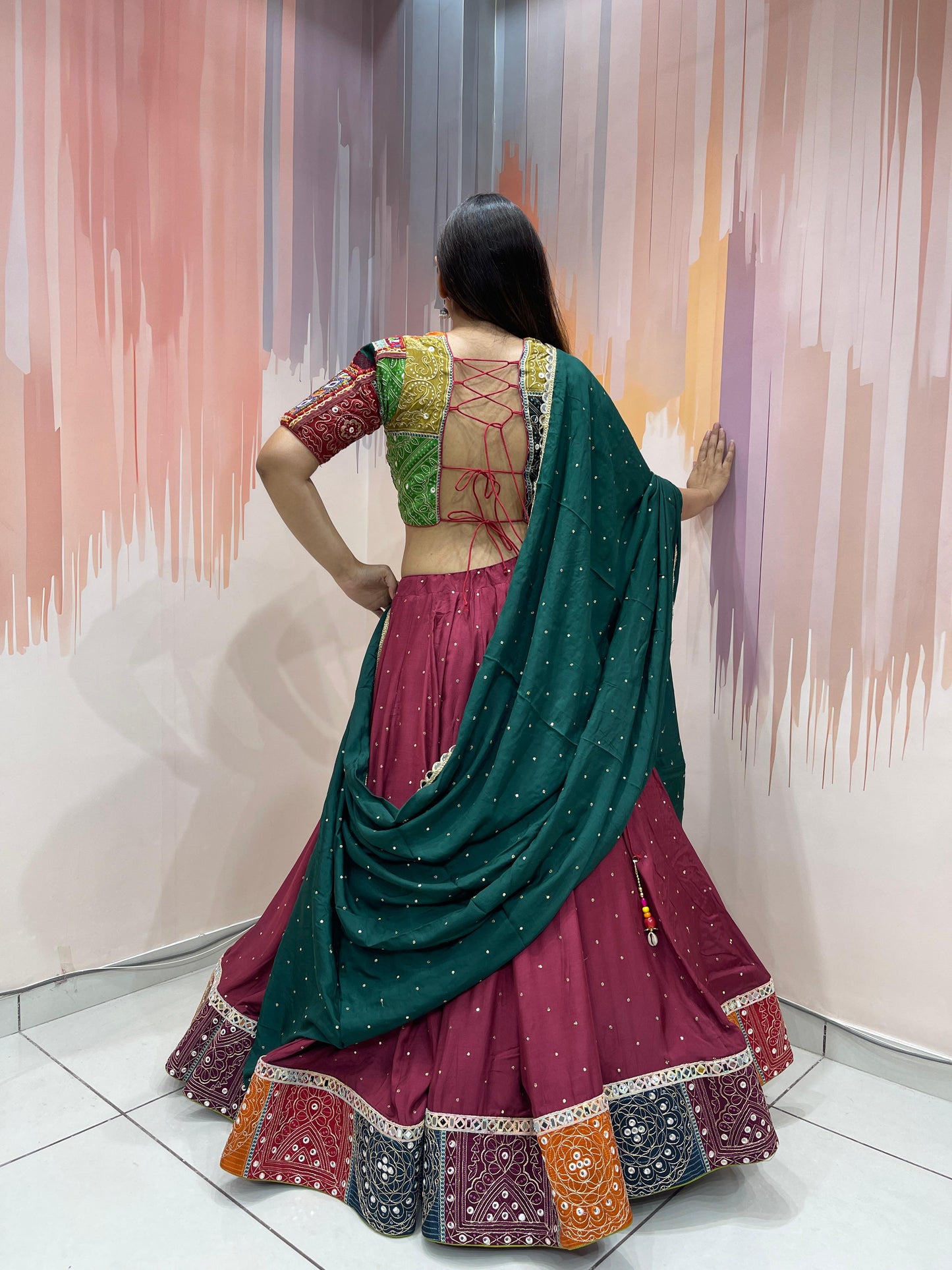 ROHINI - Silk mirror work & multi panel print Chaniya Choli - My Store