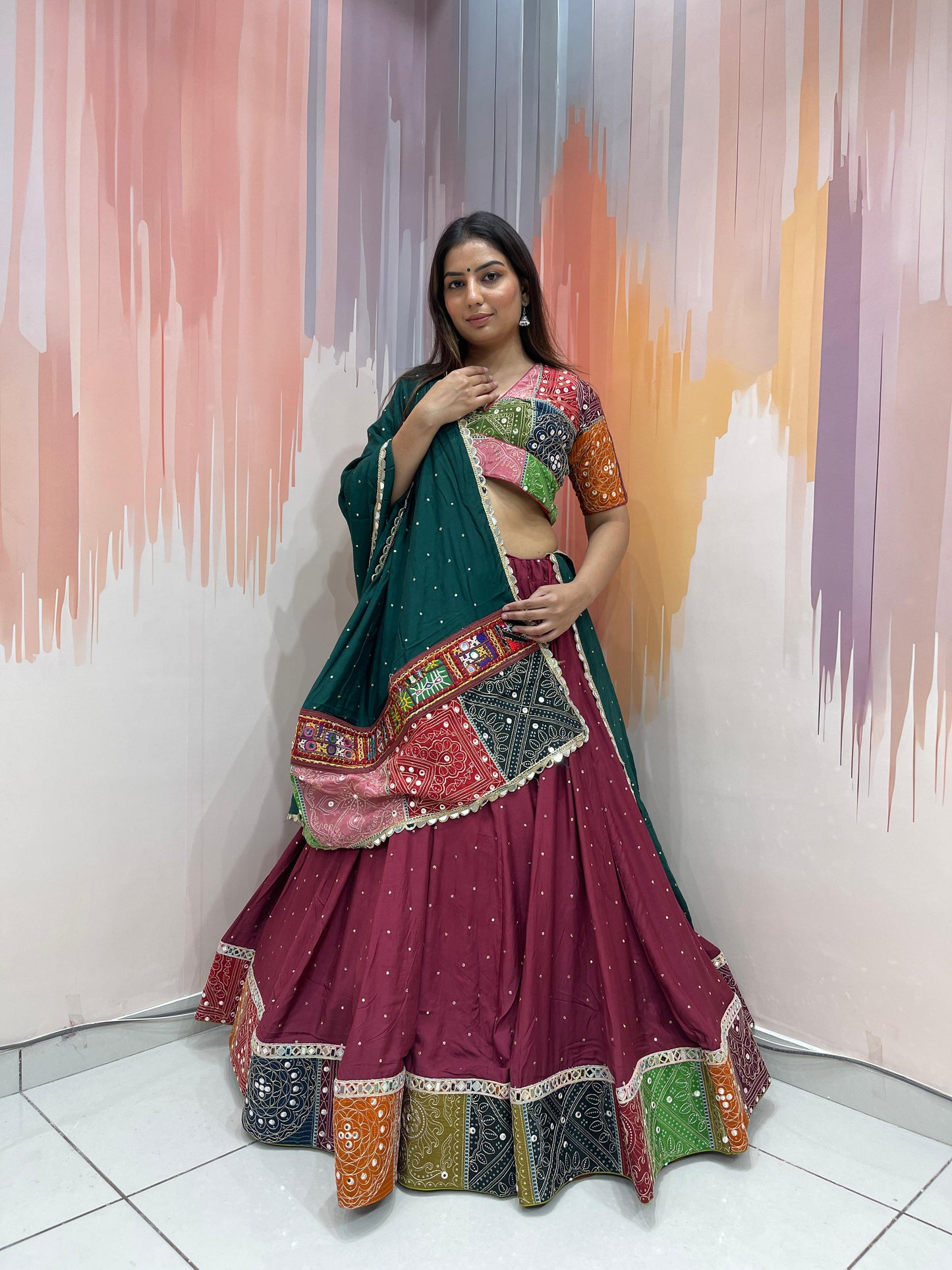 ROHINI - Silk mirror work & multi panel print Chaniya Choli - My Store