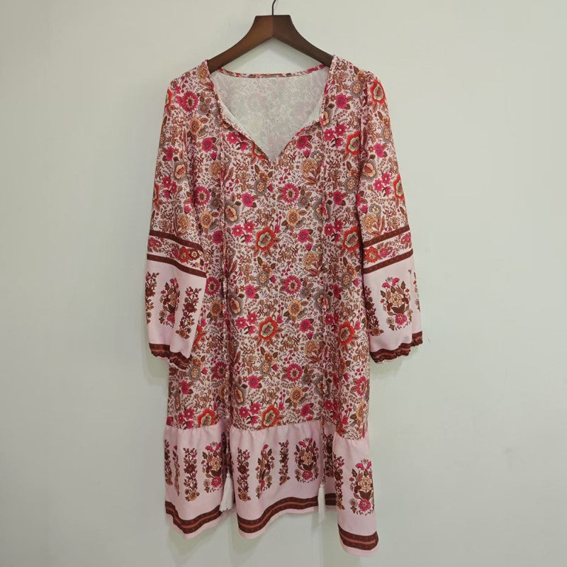 Women's Elegant V-Neck Fringe Bow Floral Print Dress Long Sleeve Comfortable Spring&Summer Dress - My Store