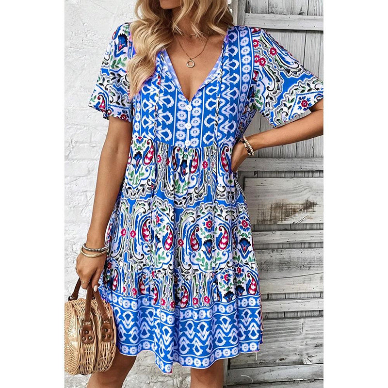 Women Casual Summer Dress Boho Drawstring V Neck Short Sleeve Floral Print Flowy Beach Dress - My Store