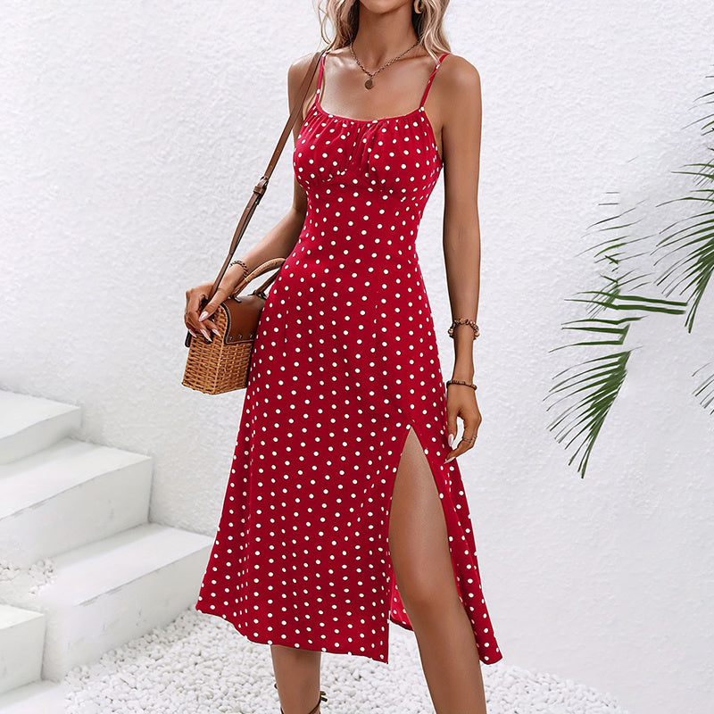 Women's Summer Casual Boho Sundress Polka Dot Sleeveless Spaghetti Strap Backless Side Slit Dresses - My Store