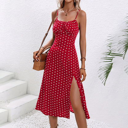 Women's Summer Casual Boho Sundress Polka Dot Sleeveless Spaghetti Strap Backless Side Slit Dresses - My Store