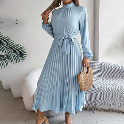 Elegant High Neck Long Sleeve Pleated Maxi Dress - Solid Color Flowy Dress For Women, Casual To Formal Wear - My Store