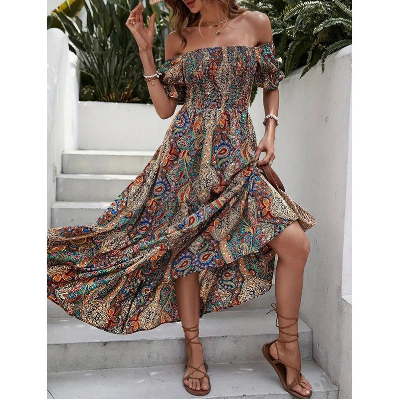 Women's Off The Shoulder Dresses Boho Flowy Smocked Maxi Sundress Beach Vacation Summer Dress - My Store
