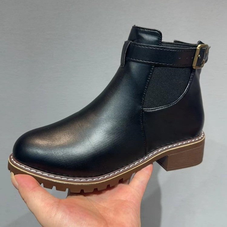 Belt Buckle Decoration Round Head Ankle Boots - My Store