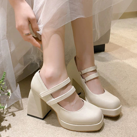 White Mary Jane Chunky Heel Wedding Shoes - My Store