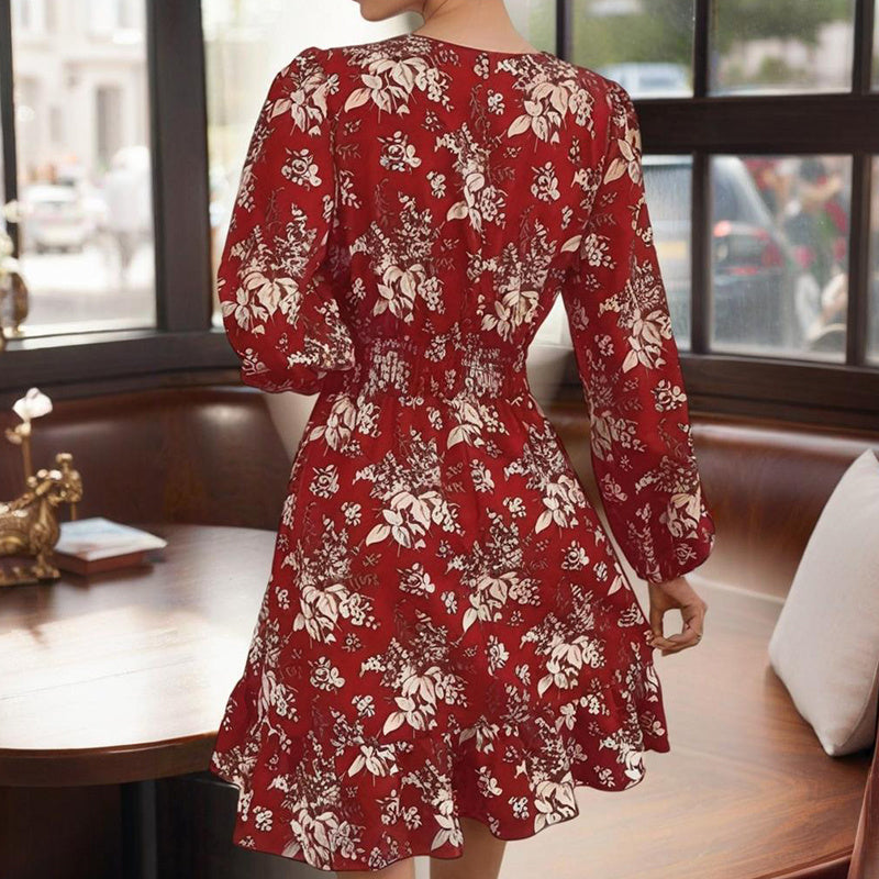 Women's V-Neck Floral Print Long Sleeve Dress With Lantern Sleeves, Ruffled Elastic Waist A-Line Midi Boho Summer Dress - My Store