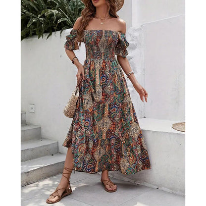 Women's Off The Shoulder Dresses Boho Flowy Smocked Maxi Sundress Beach Vacation Summer Dress - My Store