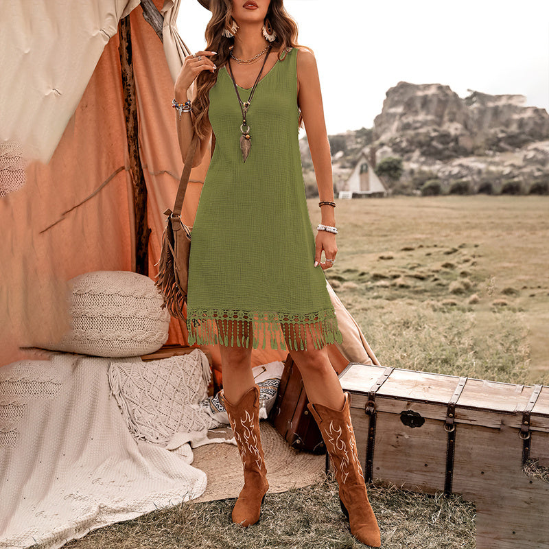 Women's Elegant Solid Color Boho Dress - V-Neck Fringe Detail Sleeveless Summer Dress - My Store