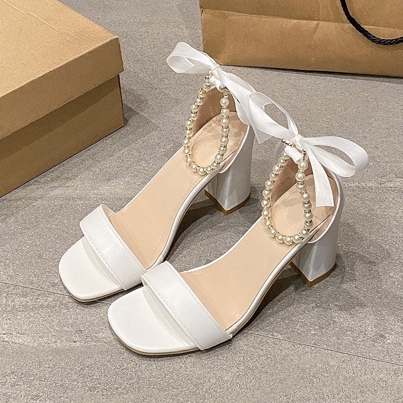 Summer New Pearl Bow Buckle Open Toe Chunky Heel All-match Sandals - My Store