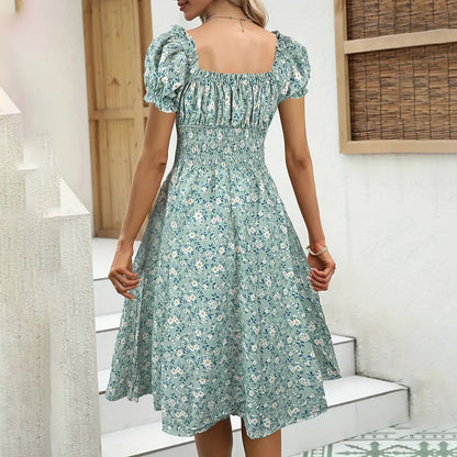 Women's Floral Summer Dress Casual Short Sleeve Ruffle Flowy Midi Sundress Boho Beach Vacation Dress - My Store