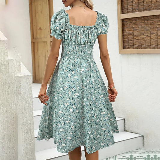 Women's Floral Summer Dress Casual Short Sleeve Ruffle Flowy Midi Sundress Boho Beach Vacation Dress - My Store