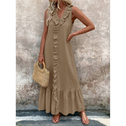 Women's Elegant Casual Summer Dress - V-Neck Sleeveless Ruffled Vacation Long Dress With Pleated Hem - My Store