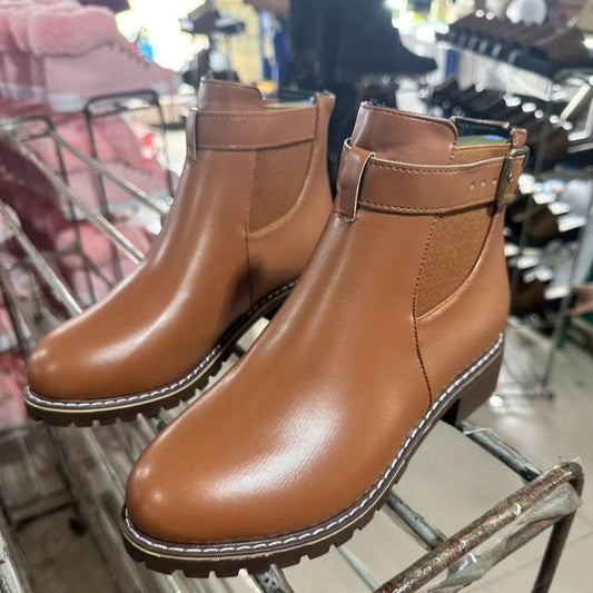 Belt Buckle Decoration Round Head Ankle Boots - My Store