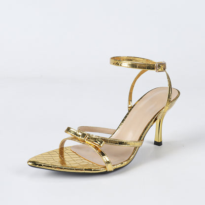 Women's Pointed Stone Pattern Three-dimensional Bow Stiletto Heel Sandals - My Store