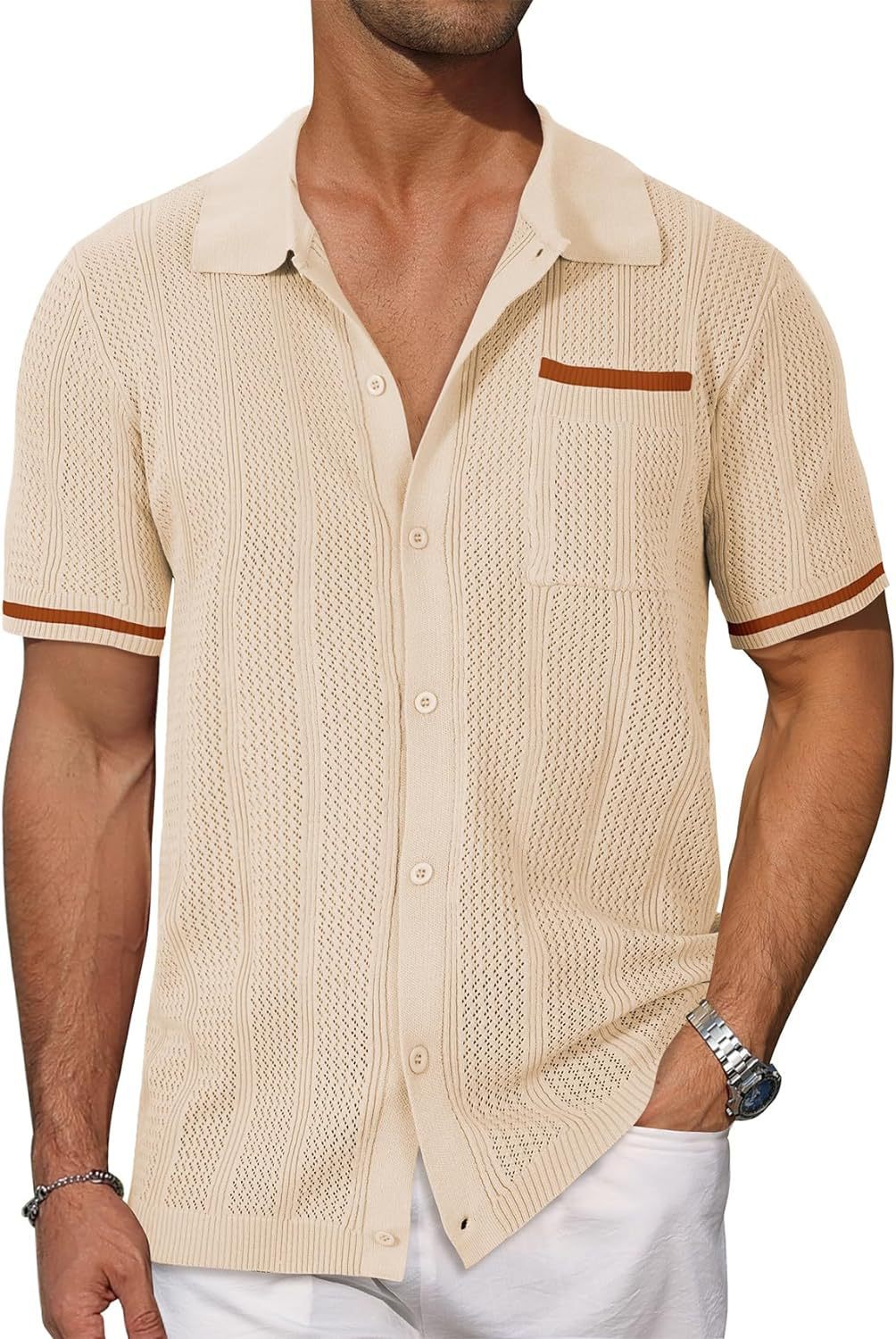 Short-sleeved Shirt Pocket Hollow Breathable Cool Summer Men's Casual Jacket Cardigan - My Store