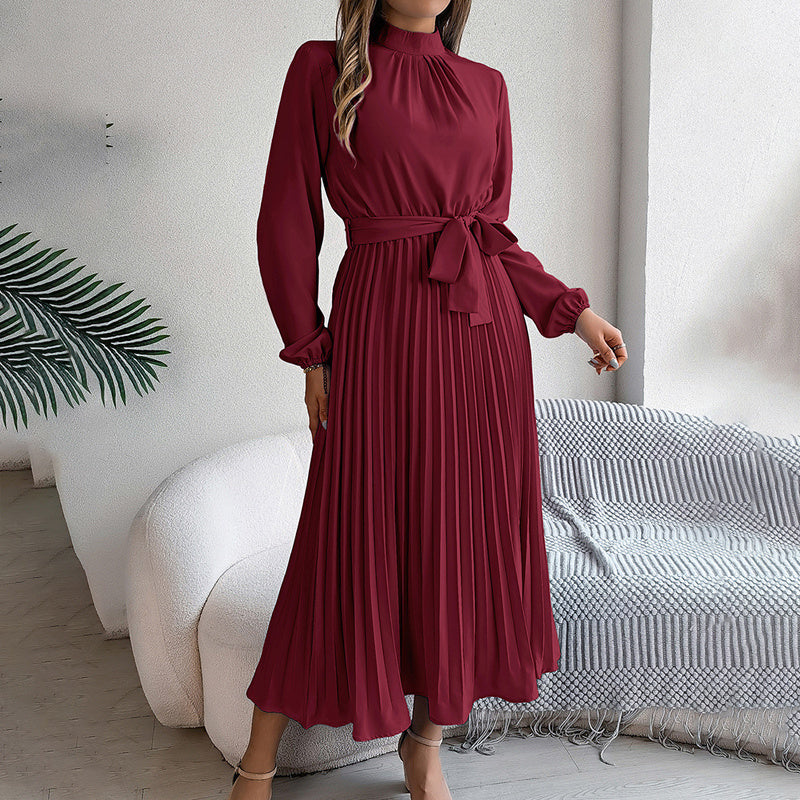 Elegant High Neck Long Sleeve Pleated Maxi Dress - Solid Color Flowy Dress For Women, Casual To Formal Wear - My Store