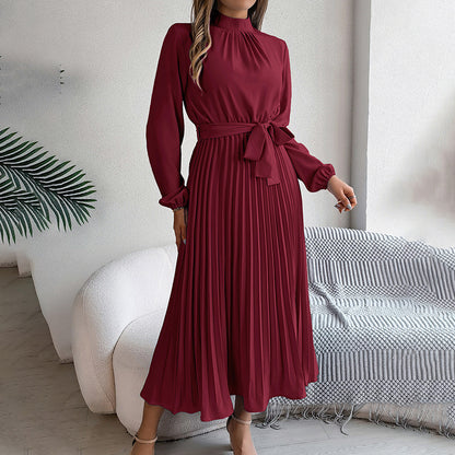 Elegant High Neck Long Sleeve Pleated Maxi Dress - Solid Color Flowy Dress For Women, Casual To Formal Wear - My Store