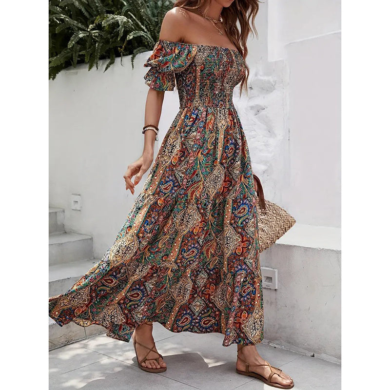 Women's Off The Shoulder Dresses Boho Flowy Smocked Maxi Sundress Beach Vacation Summer Dress - My Store