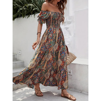 Women's Off The Shoulder Dresses Boho Flowy Smocked Maxi Sundress Beach Vacation Summer Dress - My Store