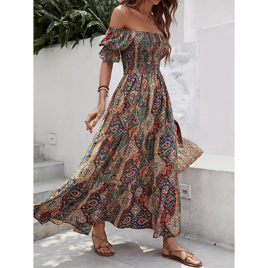 Women's Off The Shoulder Dresses Boho Flowy Smocked Maxi Sundress Beach Vacation Summer Dress - My Store
