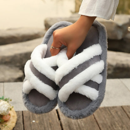 Fluffy Slippers Cross Strap Stitching Warm Casual Platform Slippers - My Store