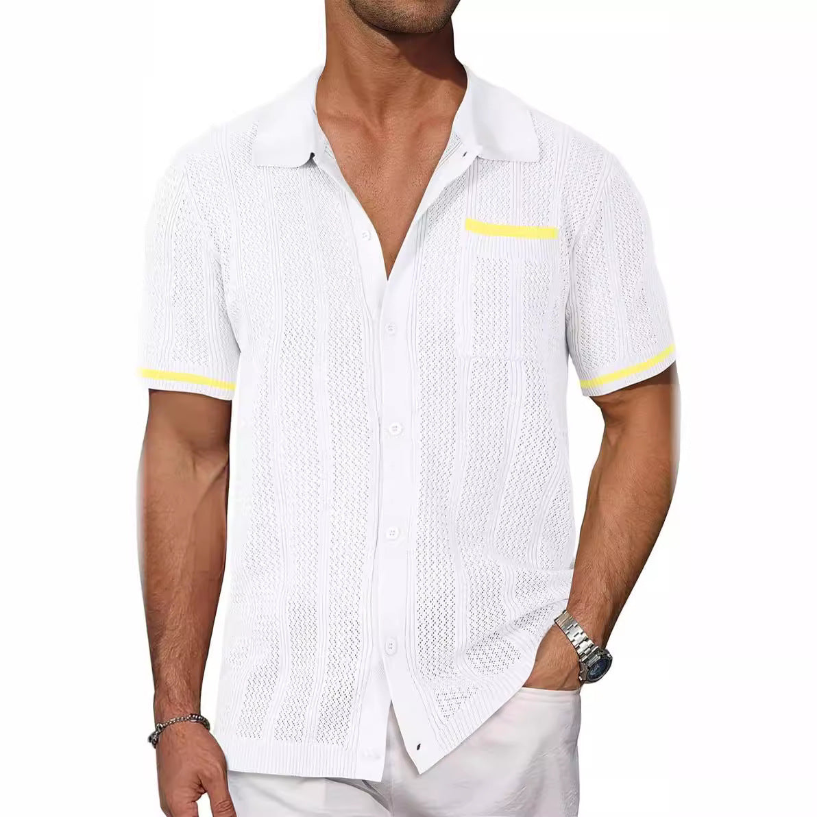 Short-sleeved Shirt Pocket Hollow Breathable Cool Summer Men's Casual Jacket Cardigan - My Store