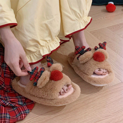 Indoor Cute One-word Cotton Slippers Autumn Women's Cartoon Fluffy Slippers - My Store