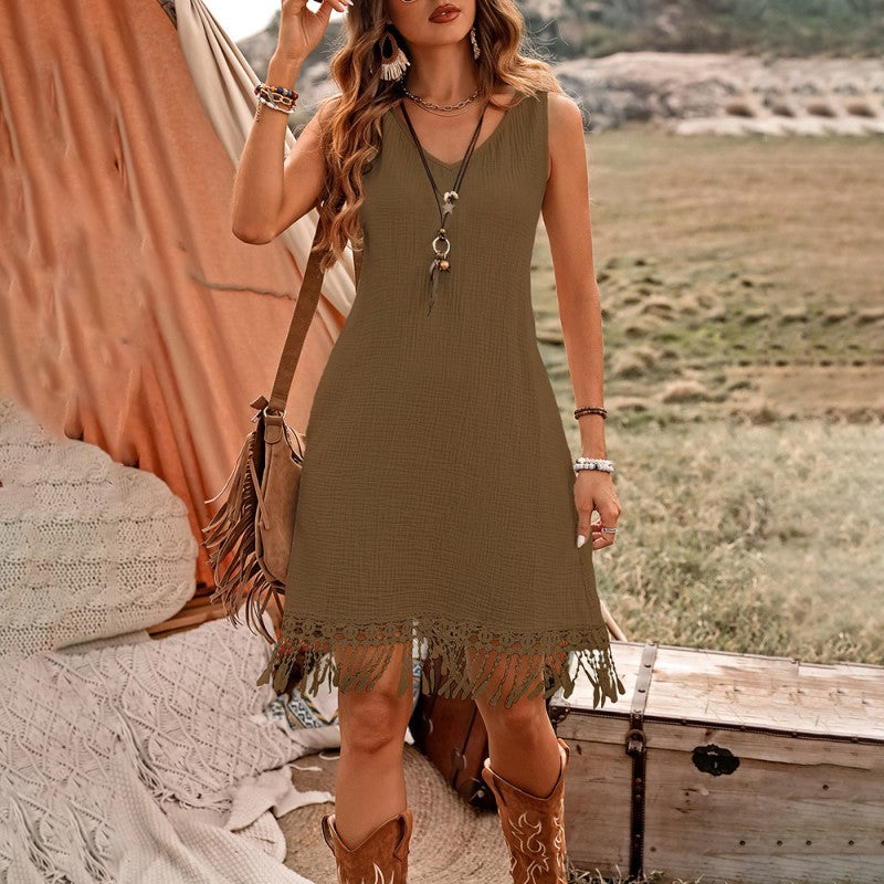 Women's Elegant Solid Color Boho Dress - V-Neck Fringe Detail Sleeveless Summer Dress - My Store