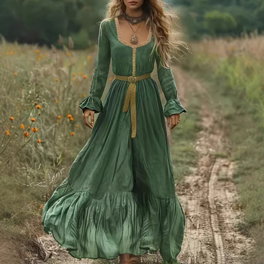 Women's Boho Long Sleeve Flowy Maxi Dress Elegant High Waist Backless Beach Long Dress - My Store