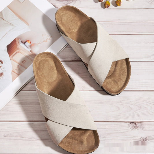 European And American Plus Size Khaki Round Toe Cross Roman Style Slip-on Flat Sandals - My Store