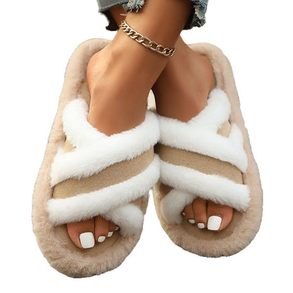 Fluffy Slippers Cross Strap Stitching Warm Casual Platform Slippers - My Store