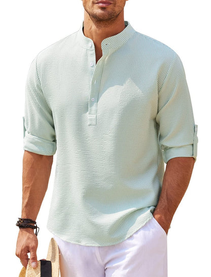 Men's Casual Shirt Long Sleeve Stand Collar Solid Color Shirt Mens Clothing - My Store