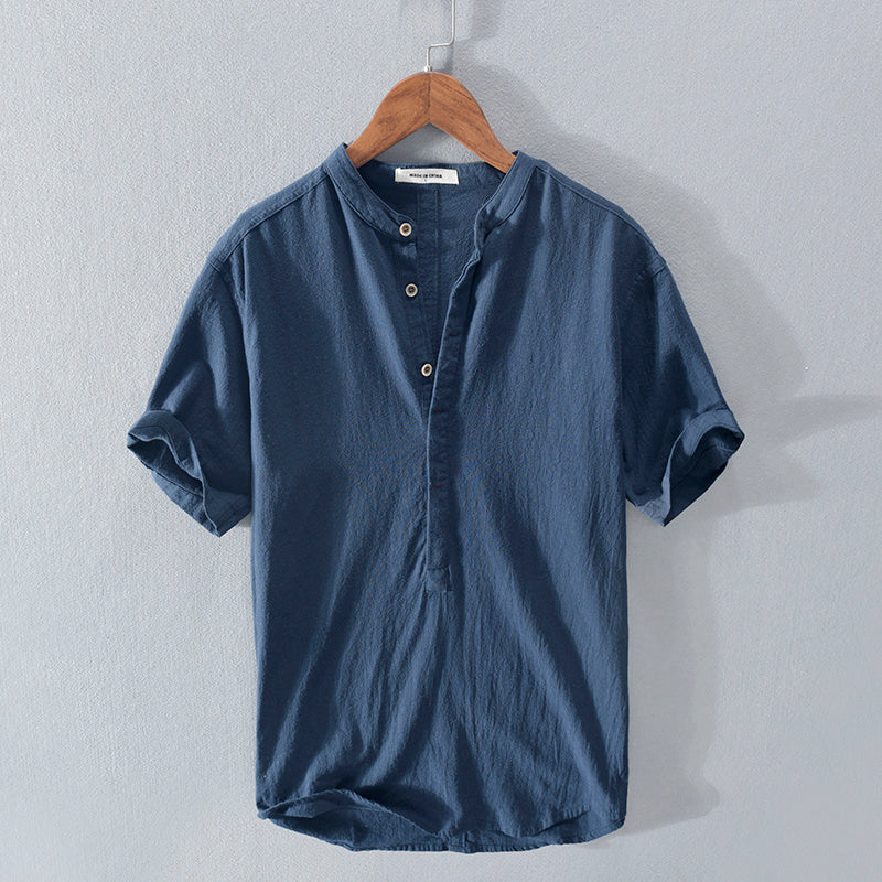 Men's Stand Collar Japanese Ice Silk Linen Short Sleeve T-shirt - My Store