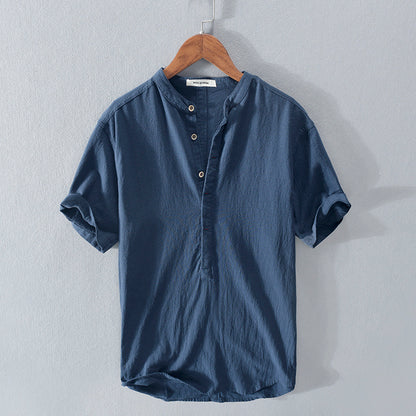 Men's Stand Collar Japanese Ice Silk Linen Short Sleeve T-shirt - My Store