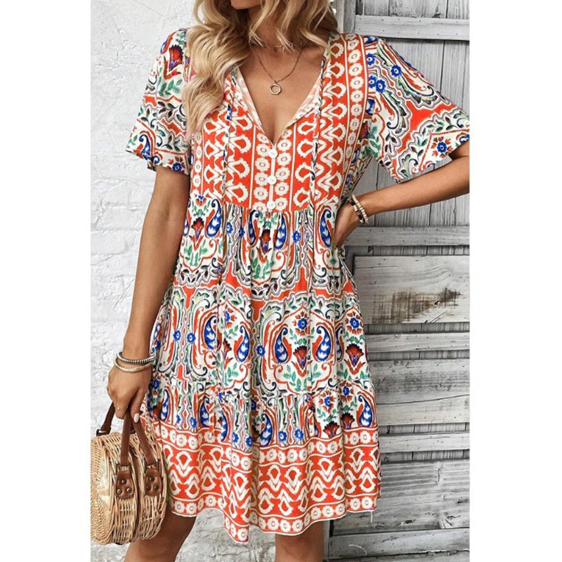 Women Casual Summer Dress Boho Drawstring V Neck Short Sleeve Floral Print Flowy Beach Dress - My Store
