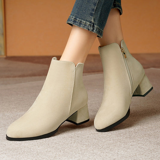 Pointed-toe Frosted Suede Side Zipper Chunky Heel Mid Heel Plus Size Female Boots - My Store