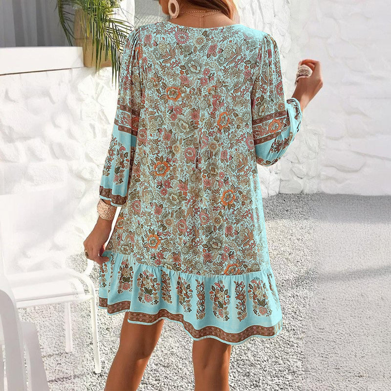 Women's Elegant V-Neck Fringe Bow Floral Print Dress Long Sleeve Comfortable Spring&Summer Dress - My Store