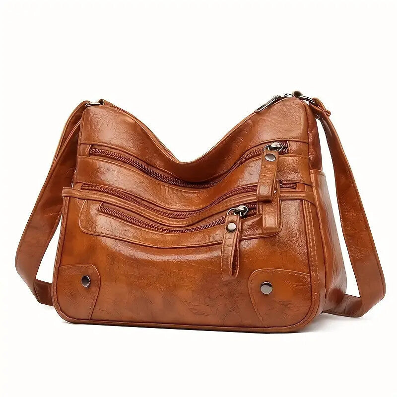 Women Shoulder Bag Large Capacity Washed Leather Messenger Bags Multi Zipper - My Store