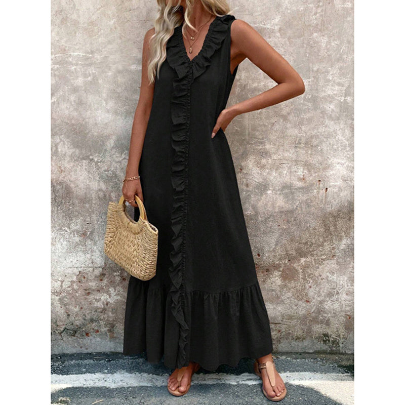 Women's Elegant Casual Summer Dress - V-Neck Sleeveless Ruffled Vacation Long Dress With Pleated Hem - My Store